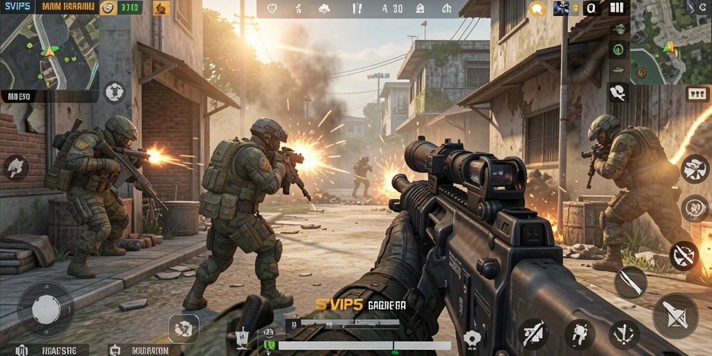 Screenshot gameplay SVIP5 menampilkan aksi tembak-menembak yang dinamis.