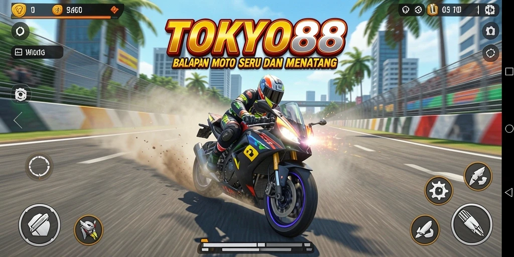 Screenshot gameplay TOKYO88 menampilkan balapan motor yang mendebarkan.